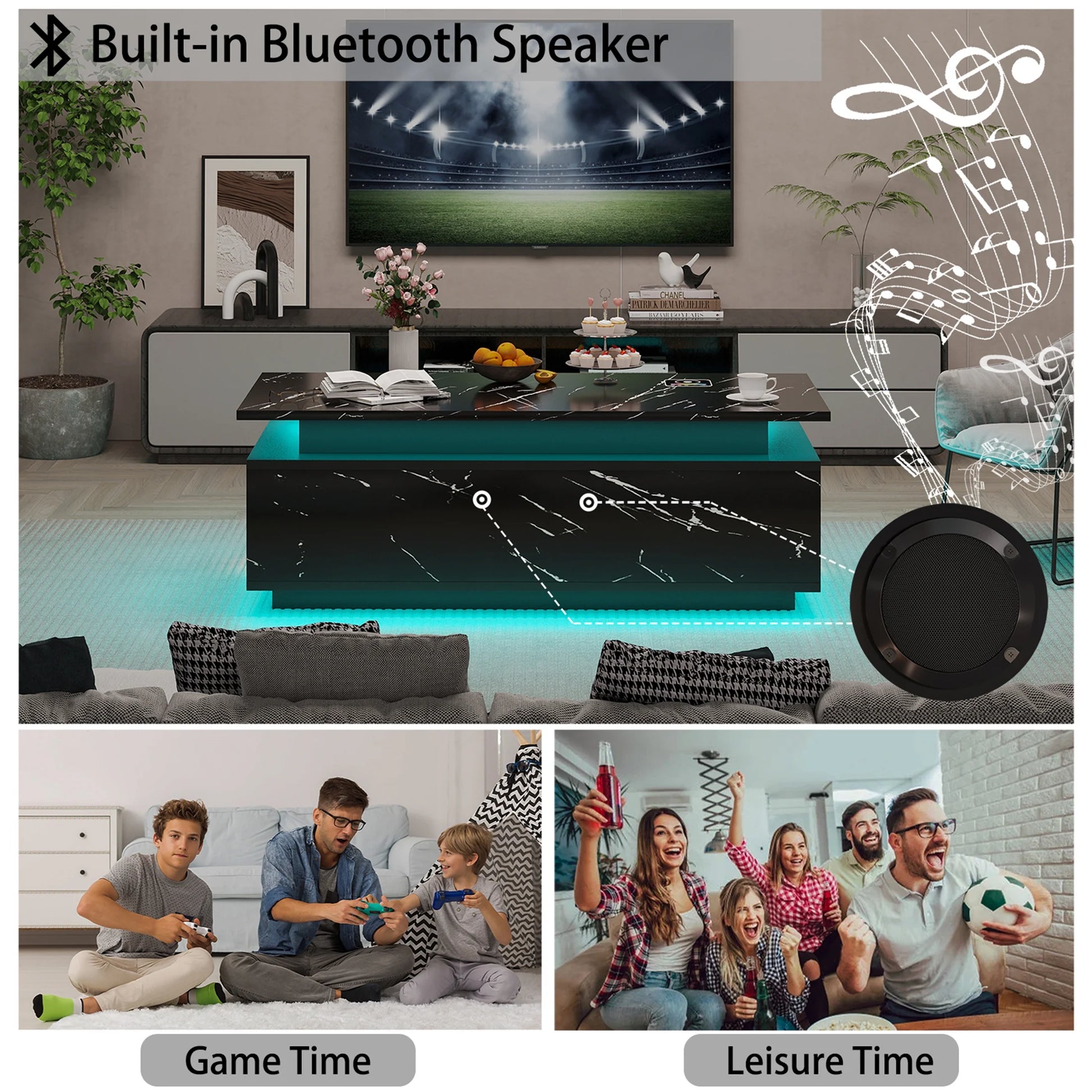 Modern LED Coffee Table with Wireless Charging & Speaker, Smart Center Table for Living Room, Black