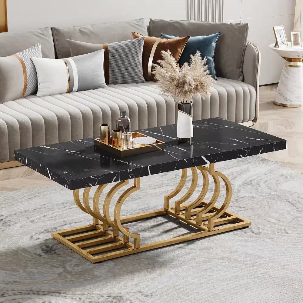 Kerlin 47 In. Black Rectangle Wood Coffee Table with Geometric Frame, Faux Marble Cocktail Table Center Table