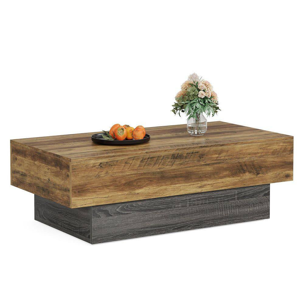Allan 55.12 In. Brown and Gray Living Room Center Table, Rectangle Wood Coffee Table, Vintage Large Tea Table