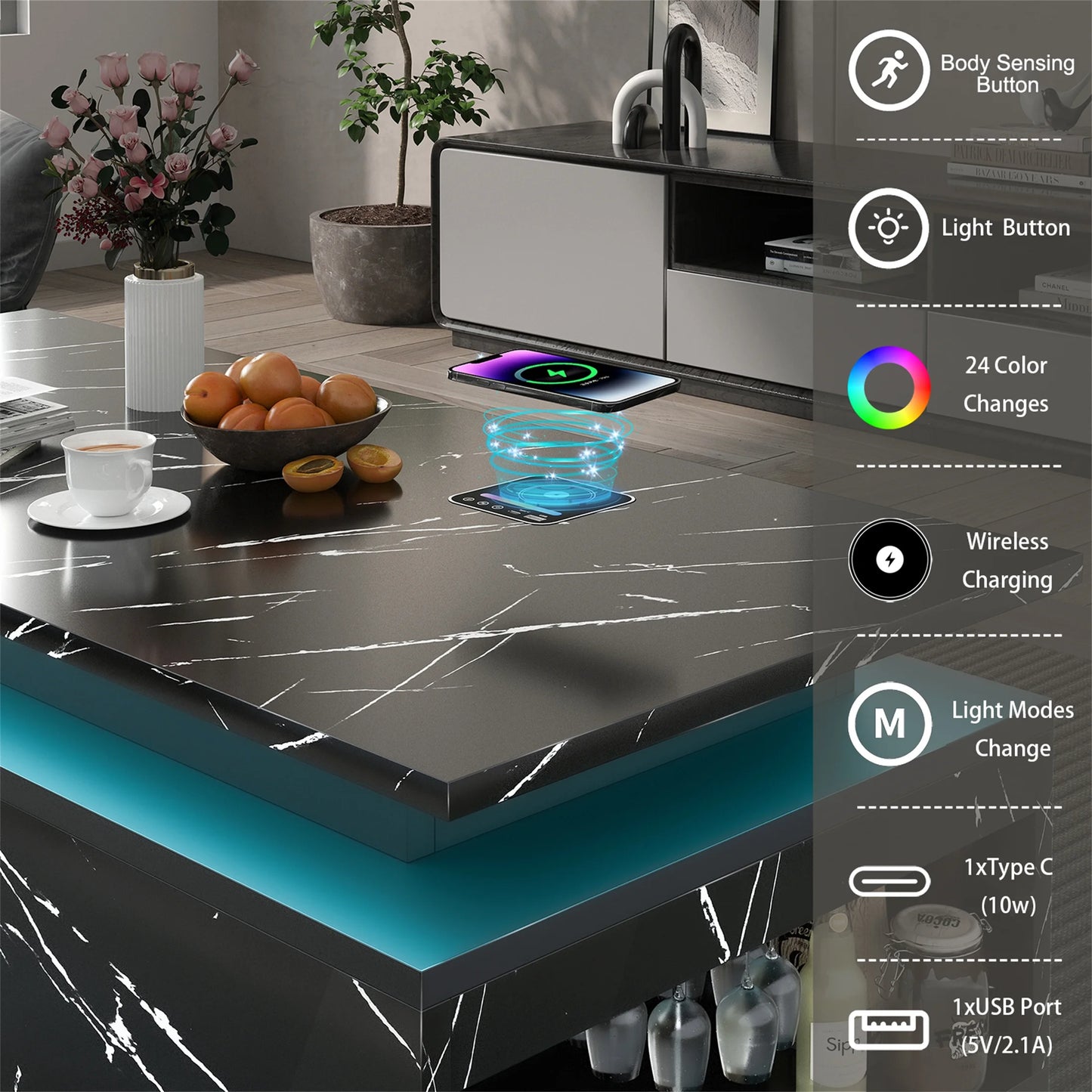 Modern LED Coffee Table with Wireless Charging & Speaker, Smart Center Table for Living Room, Black