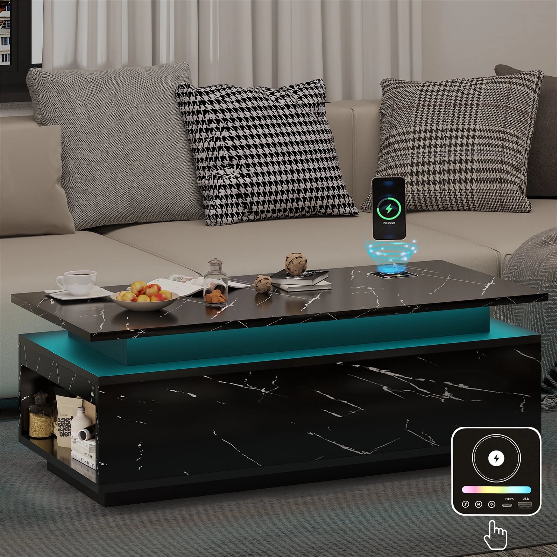 Modern LED Coffee Table with Wireless Charging & Speaker, Smart Center Table for Living Room, Black