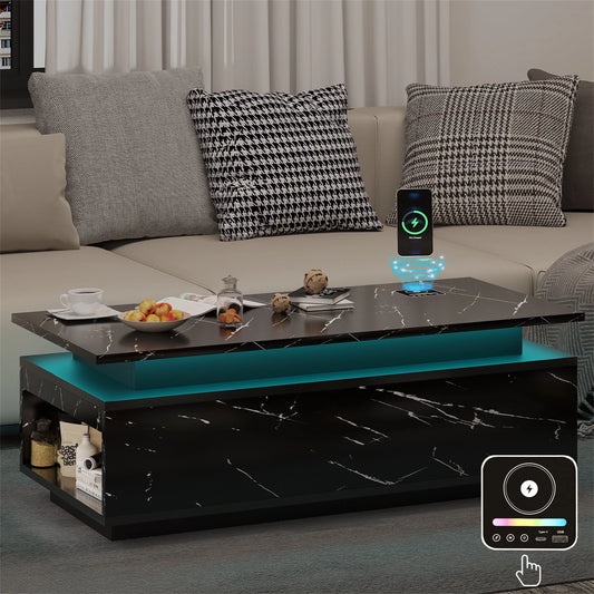 Modern LED Coffee Table with Wireless Charging & Speaker, Smart Center Table for Living Room, Black