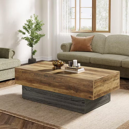 Allan 55.12 In. Brown and Gray Living Room Center Table, Rectangle Wood Coffee Table, Vintage Large Tea Table