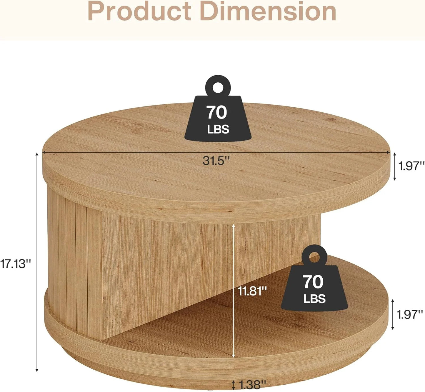 31.5" round Industrial Coffee Table with Storage, Fluted Accent Center Table for Living Room (Natural)