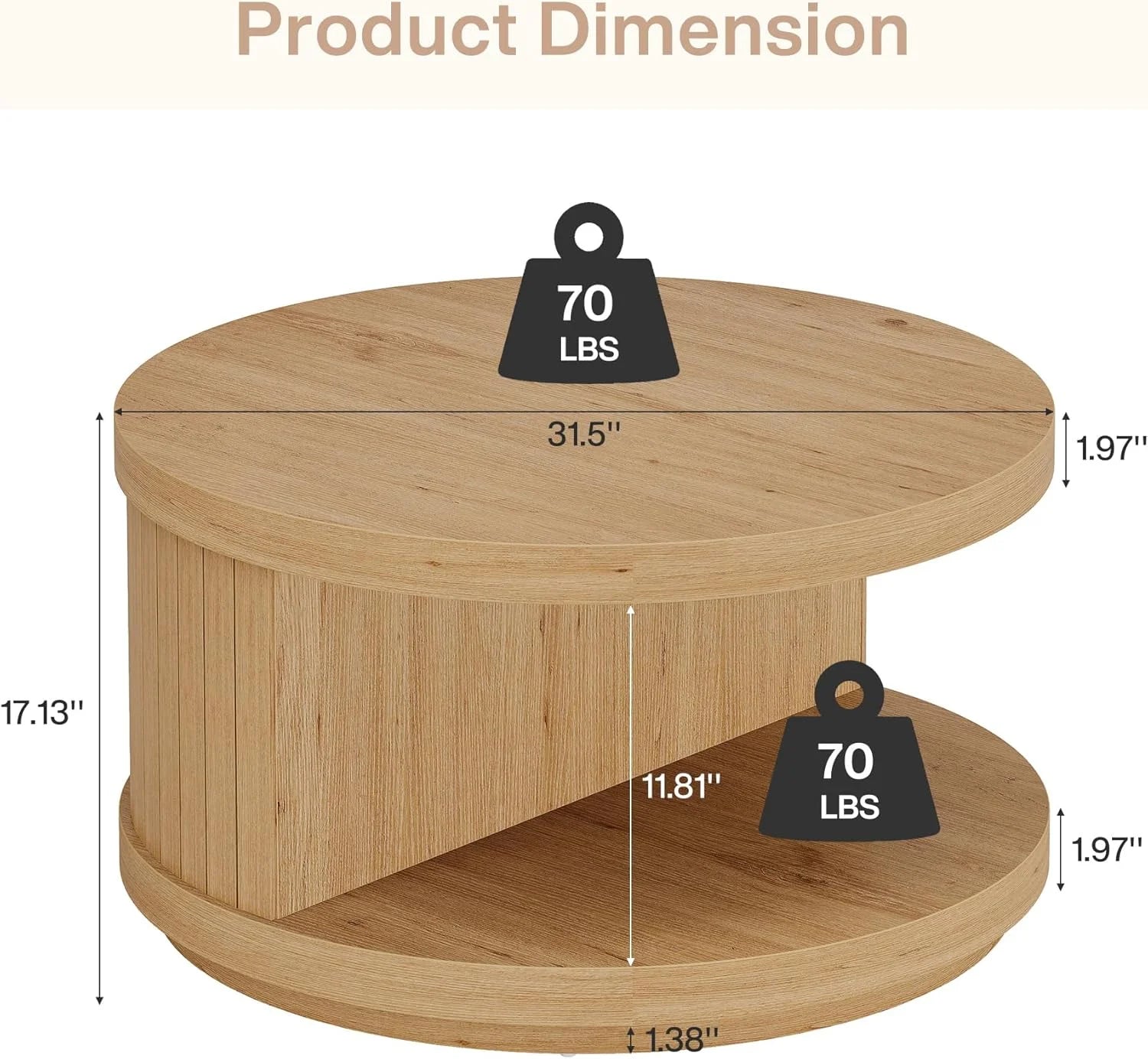 31.5" round Industrial Coffee Table with Storage, Fluted Accent Center Table for Living Room (Natural)