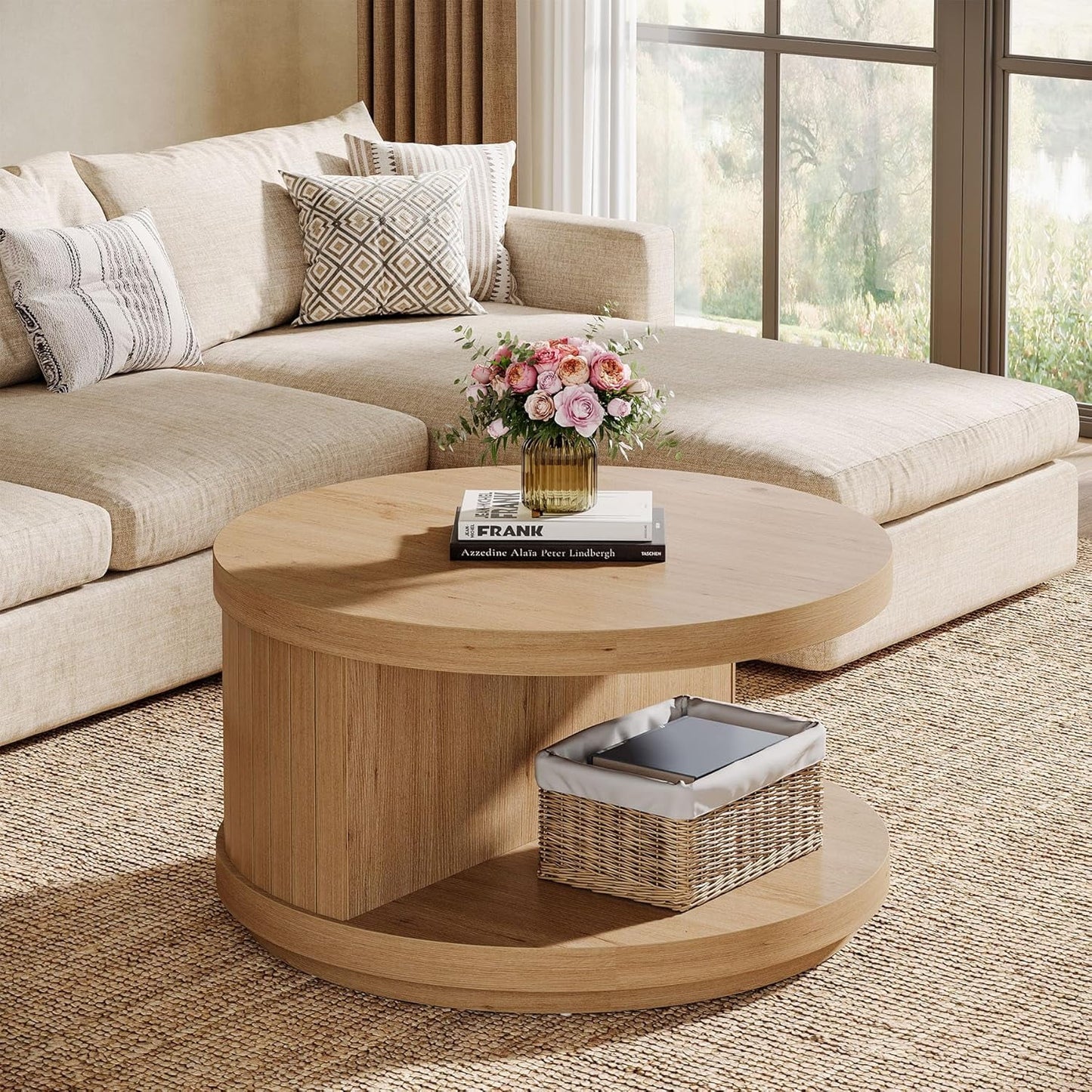 31.5" round Industrial Coffee Table with Storage, Fluted Accent Center Table for Living Room (Natural)
