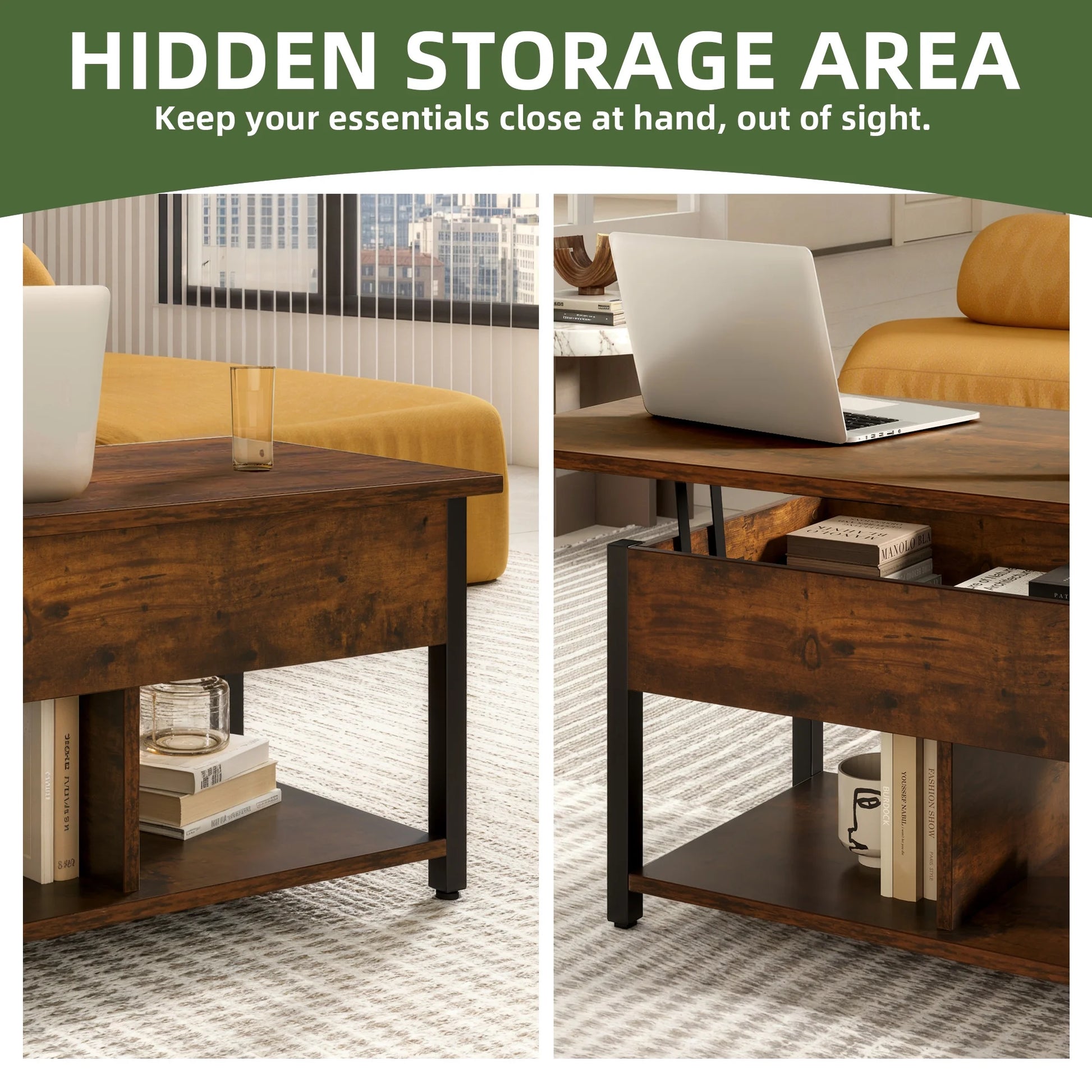 Coffee Table with Storage, Lift-Top Wooden Center Table for Home & Office, Rustic Brown